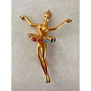 HMI 1992 vintage gold tone lady figural ballerina rainbow rhinestones brooch
